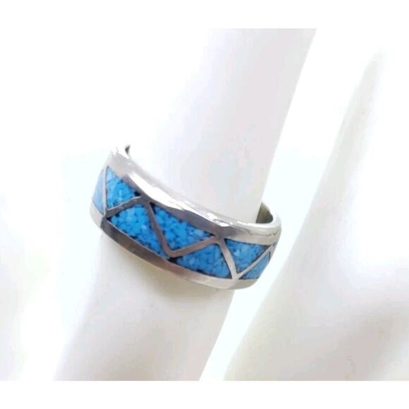 Navajo Southwestern Turquoise Chip Inlay 935 Sterling Silver Ring Size 5.5 - Picture 2 of 6